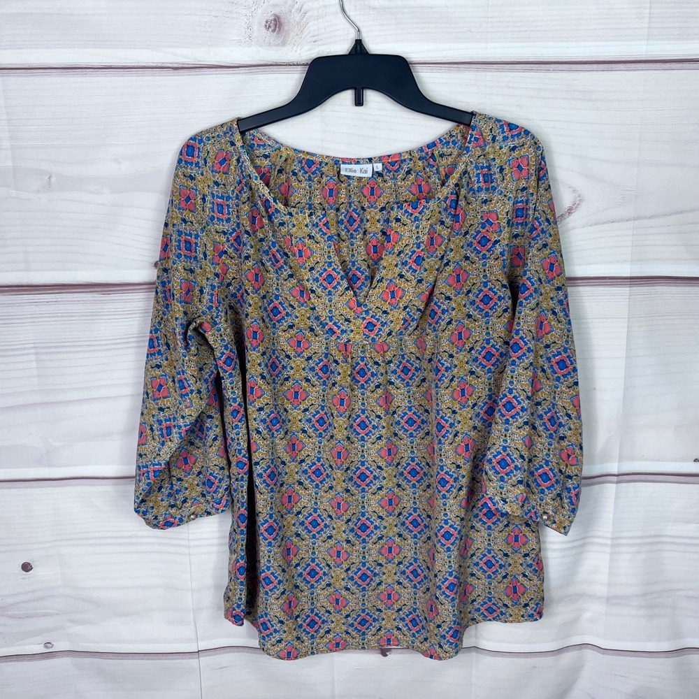 Ellie Kai Top Womens L Gold Blue Geometric Blouse 3/4 Sleeve V-Neck Pullover